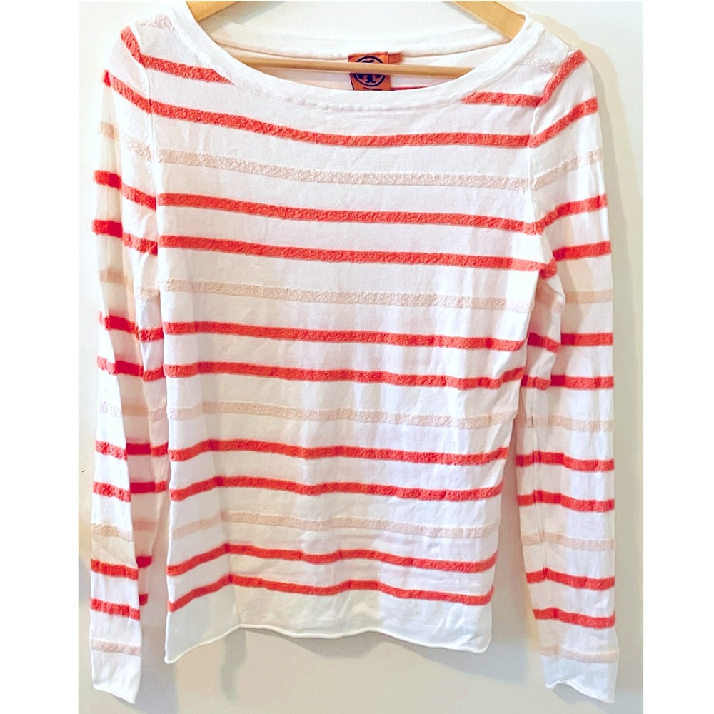 Tory Burch Coral and White Long Sleeve Knit Top Size L